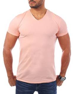 Young & Rich Herren V-Ausschnitt T-Shirt einfarbig körperbetont mit Stretchanteilen Uni Basic V-Neck Tee, Grösse:XXL, Farbe:Rosa von Young&Rich
