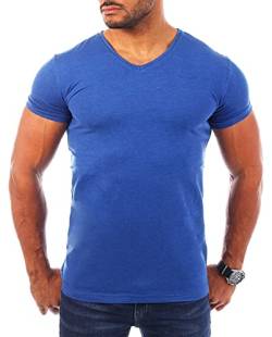 Young & Rich Herren V-Ausschnitt T-Shirt einfarbig körperbetont mit Stretchanteilen Uni Basic V-Neck Tee, Grösse:XXL, Farbe:blau-Melange von Young&Rich