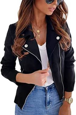 Youning Damen Jacke Kurz Übergangsjacke Moto Bikerjacke Herbst Frühling Leicht Jacken Sommerjacke Reverskragen Langarm Boyfriend Kurze Mantel mit Reißverschluss von Youning