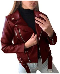 Youning Damen PU Lederjacke Bikerjacke mit Reißverschluss Super Coole Kurze Jacke mit Reverskragen Biker Motorrad Jacke Mantel Trenchcoat Übergangs Jacke von Youning