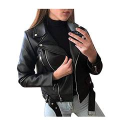 Youning Damen PU Lederjacke Bikerjacke mit Reißverschluss Super Coole Kurze Jacke mit Reverskragen Biker Motorrad Jacke Mantel Trenchcoat Übergangs Jacke von Youning