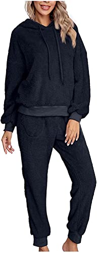 Youning Hausanzug Damen Flauschig Warm Pyjama Set Mit Kapuze Damen Teddy Fleece 2 Teiler Winter Schlafanzug Frauen Zweiteiler Kuschelig Pajamas Plüsch Thermo Gefüttert Freizeitanzug Trainingsanzug von Youning