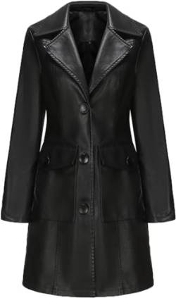 Youning Lederjacke Damen Lang Kunstleder Jacken Mantel mit Knöpfleiste Langarm Revers Kunstledermantel Herbstjacke Übergangsjacke Lange PU Leder Trenchcoat Eleganter Lange Coat für Frauen mit Taschen von Youning