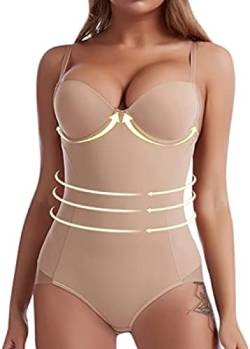 Youning Shapewear Bodysuit Damen Backless Mieder Body Stark Figurformender Shaper Bauchweg Formbody Shapeware Unterwäsche Rückenfreier Damen-Body (Khaki, XL) von Youning