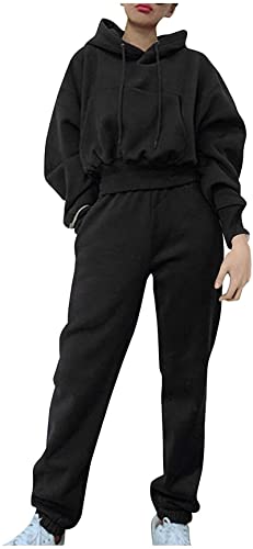 Youning Trainingsanzug Mode 2 Stück Set Freizeitanzug Kapuzenpullover Sportswear Sport Outfit Damen Sportanzug Jogginganzug aus Langarm Bauchfrei Hoodie und Jogginganzug (A-Schwarz, XL) von Youning