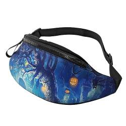 Halloween Kürbis Baum Blau Bauchtasche für Damen Herren Mode Taille Pack Crossbody Bauchtaschen für Wandern Laufen Reisen Hüfttasche, Schwarz , Einheitsgröße, Reise-Kleidersack von YoupO