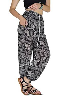 Your Cozy Harem Pants Womens Plus Bohemian Yoga Elephant Beach Lässig Bedruckte Kordelzughose (Black Elephants 3XL) von Your Cozy