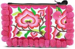 Your Cozy Wristlet Wallet Bag: Kleine handgefertigte Boho Baumwolle Geldbörse Tasche für Frauen mit Reißverschluss und Pompon, Pink, Einheitsgröße von Your Cozy