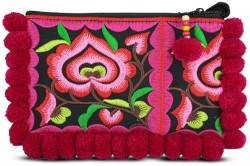 Your Cozy Wristlet Wallet Bag: Kleine handgefertigte Boho Baumwolle Geldbörse Tasche für Frauen mit Reißverschluss und Pompon, Rotwein, Einheitsgröße von Your Cozy