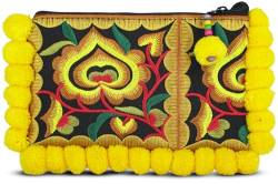 Your Cozy Wristlet Wallet Bag: Kleine handgefertigte Boho Baumwolle Geldbörse Tasche für Frauen mit Reißverschluss und Pompon, gelb, Einheitsgröße von Your Cozy