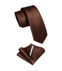 YourTies Skinny Tie and Pocket Square Tie Clip Sets for Men Satin Slim Neckties with Gift Box, braun, Einheitsgröße von YourTies
