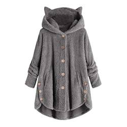 Kawaii Hoodie Damen Plüschjacke Flauschig Teddyjacke Warm Fleecejacke Gefütterte Winterjacke Katzen Kuschelig Kapuzenpullover Übergangsjacke Lang Wintermantel Cardigan Taschen Plüschmantel Outwear von Yourumao