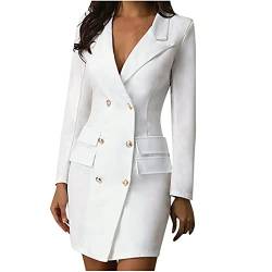 Leicht Longblazer Elegant Blazerkleid Damen Business Anzug Klassisch Weiß Blazer Herbst Winter Übergangsjacke Knopfleisten Cocktail Anzugjacke Revers Geschäft Büro Jacke Slim Fit Oberbekleidung von Yourumao