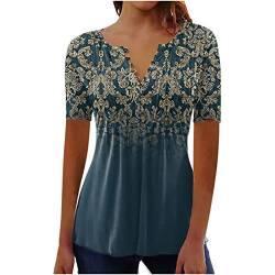 T Shirt Damen Sommer Bluse Elegant Longshirt Tops Oversize Henley Shirts Lang Oberteile Leicht Strand Tunika Plissee Bluseshirt Sexy V Ausschnitt Hemd Bunt Bedruckt Tees Urlaub Boho Hawaii Sommerbluse von Yourumao