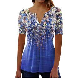 T Shirt Damen Sommer Bluse Elegant Longshirt Tops Oversize Henley Shirts Lang Oberteile Leicht Strand Tunika Plissee Bluseshirt Sexy V Ausschnitt Hemd Bunt Bedruckt Tees Urlaub Boho Hawaii Sommerbluse von Yourumao