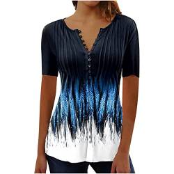 T Shirt Damen Sommer Bluse Elegant Longshirt Tops Oversize Henley Shirts Lang Oberteile Leicht Strand Tunika Plissee Bluseshirt Sexy V Ausschnitt Hemd Bunt Bedruckt Tees Urlaub Boho Hawaii Sommerbluse von Yourumao