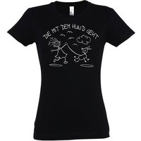 Youth Designz T-Shirt Die Mit Dem Hunde Geht Damen T-Shirt mit trendigem Frontprint von Youth Designz