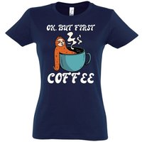 Youth Designz T-Shirt Faultier, But First Coffee Damen Shirt Mit modischem Print von Youth Designz