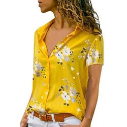 Bluse Damen Hemd Oberteile V-Ausschnitt Knopf Lose Casual Chiffon Langarm Shirt Tunika Elegant Langarmshirt T-Shirt Top (M,2- Gelb) von Yowablo