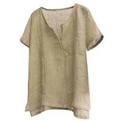 Bluse T-Shirts Herren Casual Sommer Plain Kurzarm Baumwolle Leinen Stehkragen Knopf V-Ausschnitt Strandhemden (5XL,Kurzarm-Khaki) von Yowablo