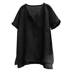Bluse T-Shirts Herren Casual Sommer Plain Kurzarm Baumwolle Leinen Stehkragen Knopf V-Ausschnitt Strandhemden (XXL,Kurzarm-Schwarz) von Yowablo