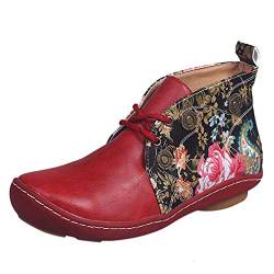 Booties Frauen Retro Leder Flache Schnürung Blumendruck Kurze Runde Zehen Schuhe (36,rot) von Yowablo