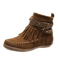 Booties Frauen Retro Quaste Wildleder Flacher Reißverschluss Einfarbige Kurze runde Zehen Schuhe (40,2Braun) von Yowablo