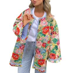 Damen Sommerjacke Patchwork-Steppjacke mit Blumendruck | , gefütterte Pufferjacke im Boho-Stil für den Herbst | Herbstlicher Steppmantel mit entspannter Passform | Steppjacke Jungen 146 (Red, M) von Yowablo