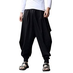 Haremshose Herren Pluderhosen Baumwolle Leinen Festival Baggy Solid Hose Retro Gypsy Pants (M,Schwarz) von Yowablo