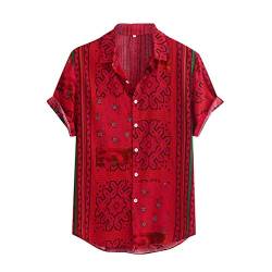 Yowablo Hawaii-Shirt für Herren Vintage Hemd Männer Bunte Streifen Sommer Kurzarm lose Knöpfe lässige Bluse (M,Rot) von Yowablo