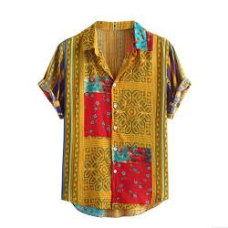 Hemd Hawaii-Shirt für Herren Vintage Hemd Männer Bunte Streifen Sommer Kurzarm lose Knöpfe lässige Bluse (L,Gelb) von Yowablo