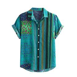 Hemd Hawaii-Shirt für Herren Vintage Hemd Männer Bunte Streifen Sommer Kurzarm lose Knöpfe lässige Bluse (XXL,Grün) von Yowablo