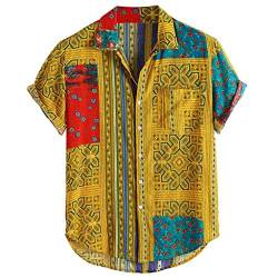 Hemden Männer Vintage Ethnic Printed Turn Down Kragen Kurzarm Loose Casual Shirts (L,1Gelb) von Yowablo