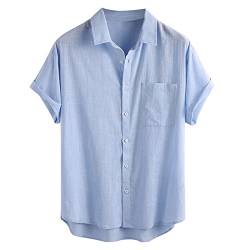 Herren Sommer Casual Top Shirt Solide Knopf Kurzarm Top Shirt Lose Stehkragen Hemd Bluse Mode Tops Hemden Herren Business (S,Blau) von Yowablo