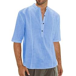 Herren Sommer Casual Tops Shirt Einfarbig Mode Hemd Halbarm Knopf Stehkragen Hemdbluse Oberhemd (XL,Blau) von Yowablo