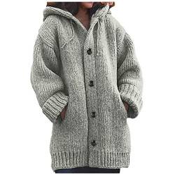 Hoodie Sweatshirt jacken Damen Hoodie Strickpullover Long Tops Bluse Pullover Frauen Casual Warm Loose Button (XXL,Grau) von Yowablo