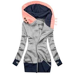 Jacke Damen Sweatjacke Hoodie Sweatshirtjacke Pullover Oberteile Kapuzenpullover Mantel Sweatshirt Frauen Mode Solid Jacke Reißverschluss Tasche Langarm (L,1Grau) von Yowablo