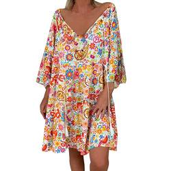 Kleid Frauen Loose Floral Print Dreiviertelärmel Sommer Minikleid (4XL,12Orange) von Yowablo