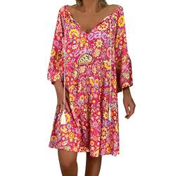 Kleid Frauen Loose Floral Print Dreiviertelärmel Sommer Minikleid (M,12Pink) von Yowablo