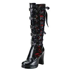 Overknee Stiefel Mode Frauen Kreuz gebunden Leder Knie Plateaustiefel Gothic Bows Schuhe (39 EU,rot) von Yowablo