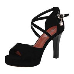 Sandalen Frauen Kristall High Heel Schnalle Peep Toe Casual Single Schuhe (34,Schwarz) von Yowablo