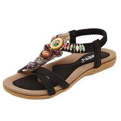 Sandalen Frauen Mode süße Perlen Clip Toe Flats Bohemian Herringbone (44,Schwarz) von Yowablo