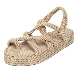 Sandalen Schuhe Frauen Böhmische Flache Leinen Seil Plattform Weibliche Open Toe Slip-On Schuhe (36,1beige) von Yowablo