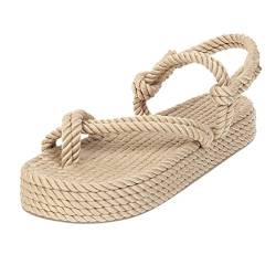 Sandalen Schuhe Frauen Böhmische Flache Leinen Seil Plattform Weibliche Open Toe Slip-On Schuhe (37,2beige) von Yowablo