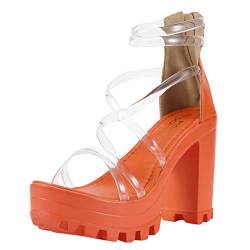 Schuhe Sandalen Frauen Open Toe Transparente Reißverschluss wasserdichte Plattform High Heels (Orange, Numeric_39) von Yowablo