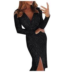 Solides, langärmeliges, glitzerndes Kleid mit V-Ausschnitt für Damen und sexy Abendessenkleid Kleid Damen Größe 52 (A-Black, XXL) von Yowablo