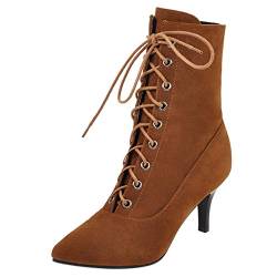 Stiefel Damen Mode Wildleder High Heels Schnürung Einfarbig Short Pointed Toe Schuhe (40,Braun) von Yowablo