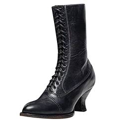 Stiefel Schuhe Damen Vintage Gothic Knöchel Spitzschuh Stretch Cross-Tied Lace-Up High Heel (40,2schwarz) von Yowablo