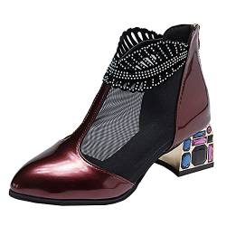 Stiefel Schuhe Frauen Vintage Strass Netzgarn Spitz Reißverschluss High Heel Kurze Nackte Stiefel Cowboystiefel Für Frauen Schuhe (40,Wein) von Yowablo