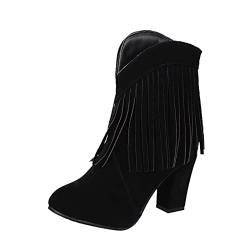 Stiefeletten Damen Mit Absatz Chelsea Boots Damen Stiefel Damenmode Fransen Einfarbig Matt Dicke High Heel Stiefeletten (37,schwarz) von Yowablo